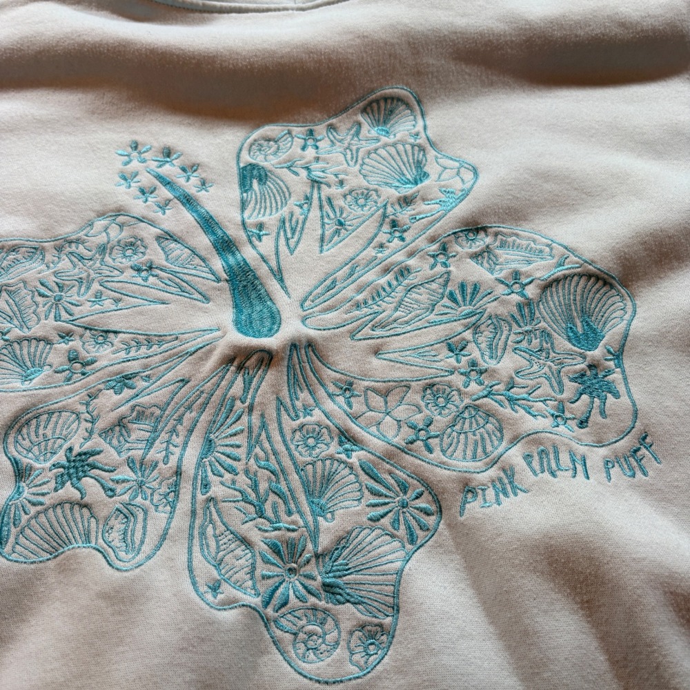 Pink Palm Puff Hoodie Womens Large Blue Tropical Embroidered Fleece Sweatshirt - Picture 4 of 9